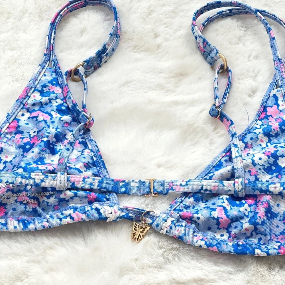 Kulani Kinis Blue Floral Triangle Bikini Set Small Womens